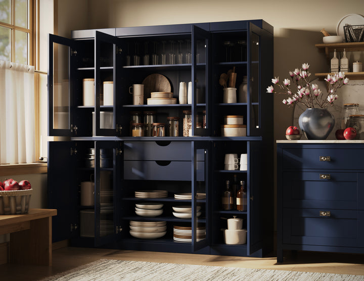 100% Solid Wood 65" China Pantry Cabinet, 6 Glass, 2 Raised Panel Wood Doors, 2-Drawers