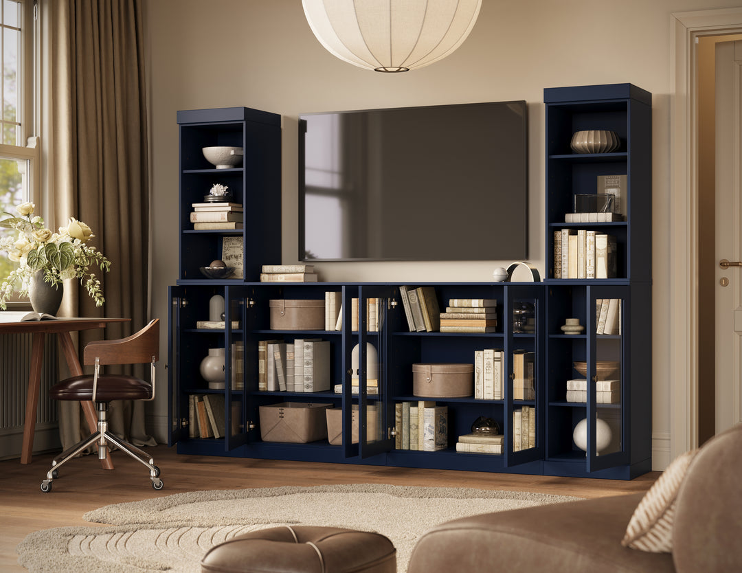 100% Solid Wood 6-Piece Entertainment Center Wall Unit with Storage, Open Cabinets & Glass Doors, Adjustable Shelves, 97" W x 71.5" H