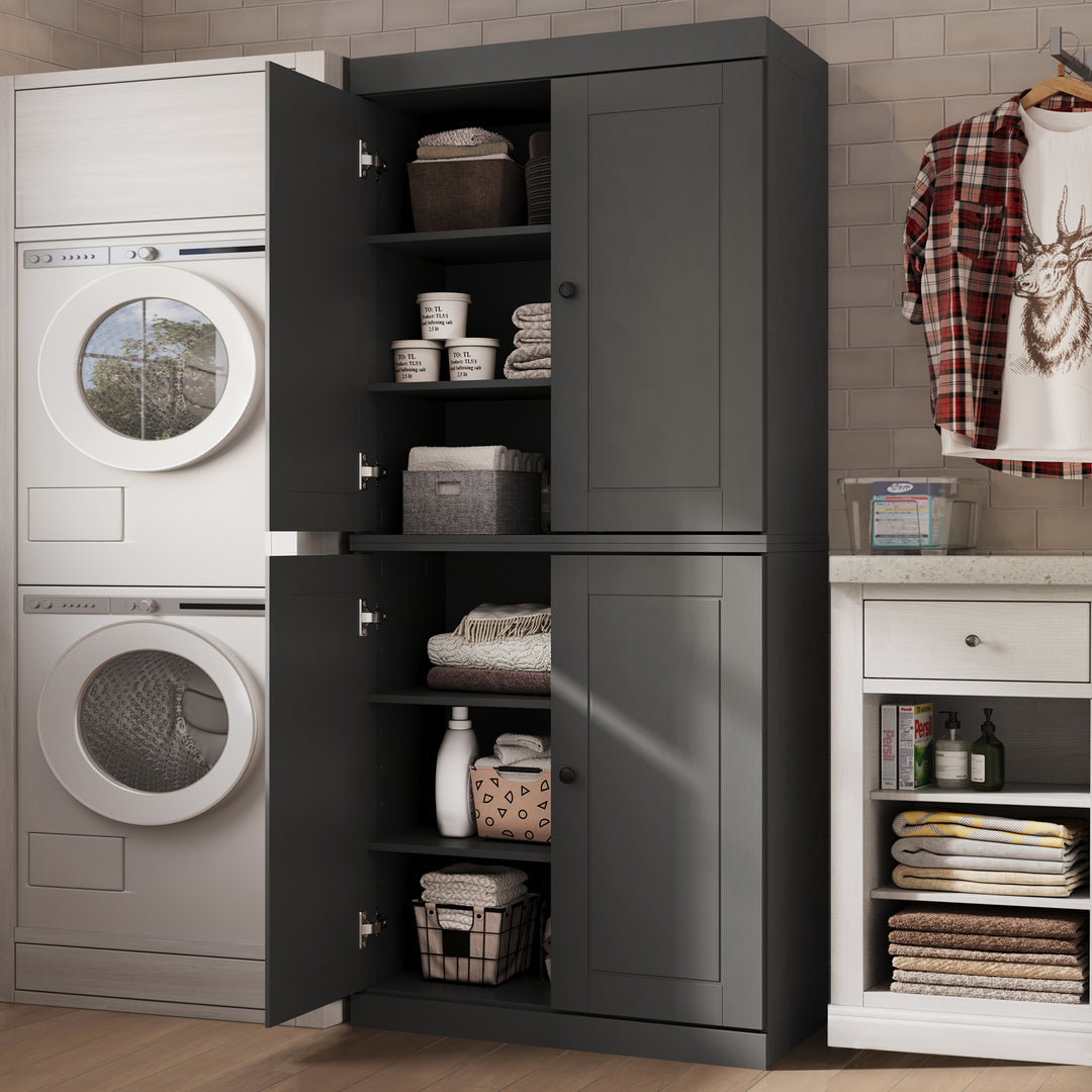 100% Solid Brazilian Pine Wood Bathroom & Laundry Storage Cabinet, Raised Panel Doors, Adjustable Shelves, 32" Wide, 71.5" Tall