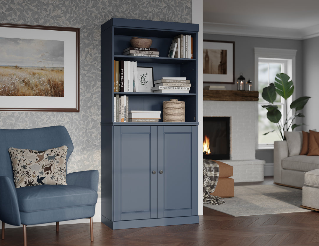 100% Solid Wood 6-Shelf 32" Bookcase, 2 Raised Panel Wood Doors, Adjustable Shelves