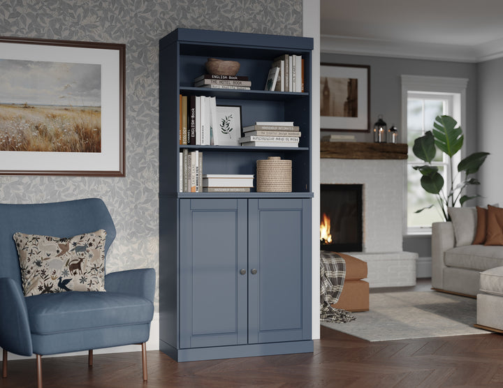 100% Solid Wood 6-Shelf 32" Bookcase, 2 Raised Panel Wood Doors, Adjustable Shelves