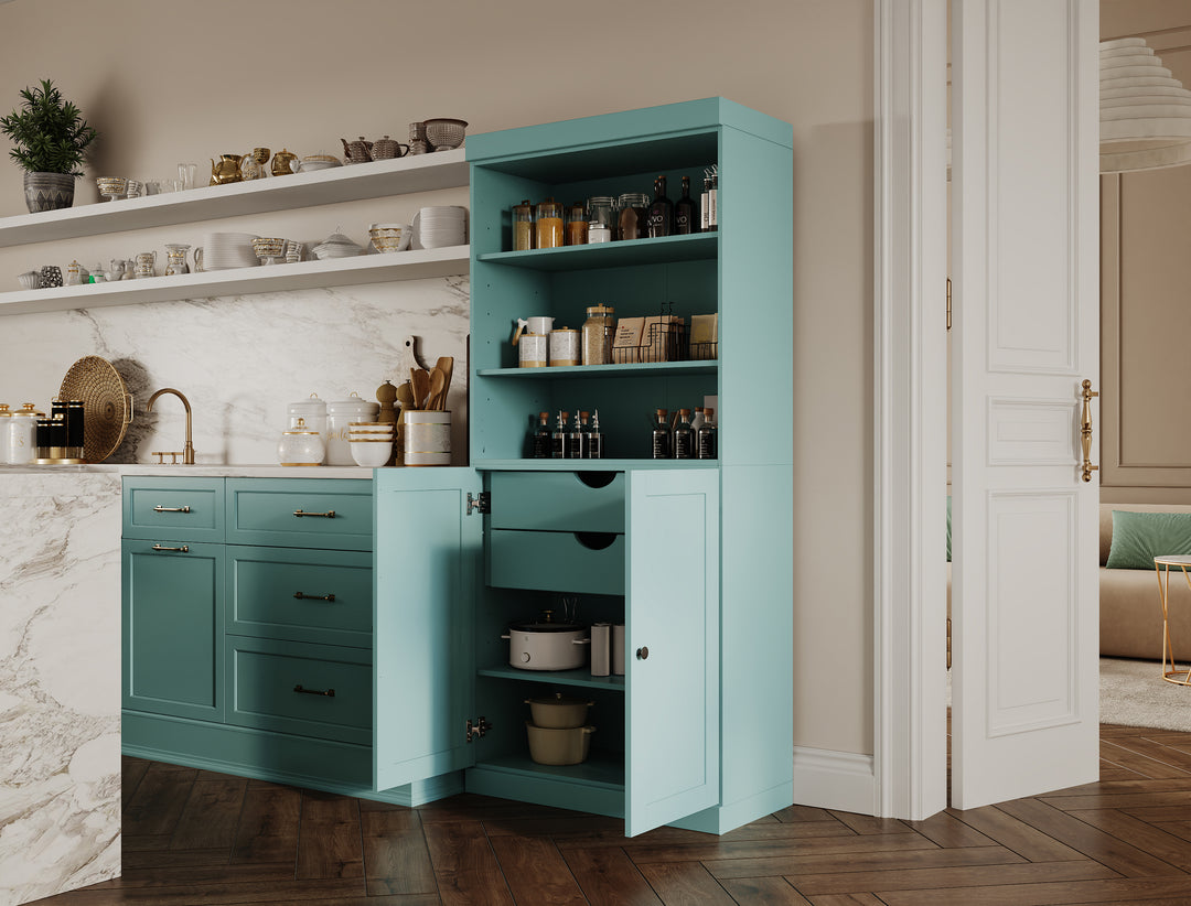 100% Solid Wood 32" Pantry Cabinet, 2 Shaker Wood Bottom Doors, 2 Drawers