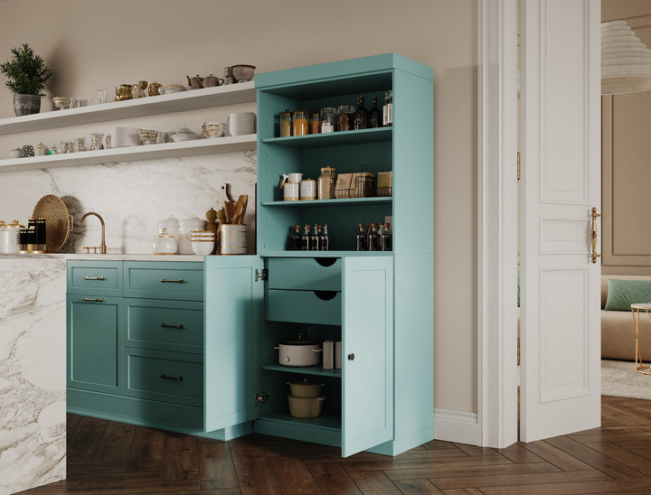 100% Solid Wood 32" Pantry Cabinet, 2 Shaker Wood Bottom Doors, 2 Drawers