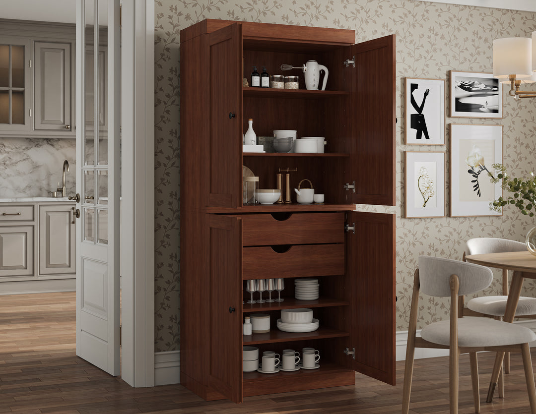 100% Solid Wood Tall Freestanding Kitchen Pantry Cabinet with Doors & 2 Drawers, Modular Storage Cabinet with Adjustable Shelves, 32" W x 71.5" H