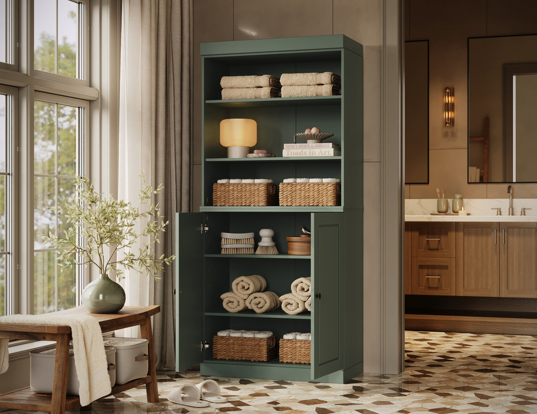 100% Solid Brazilian Pine Wood Bathroom Storage Cabinet, Raised Panel Doors, Adjustable Shelves, 32" Wide, 71.5" Tall