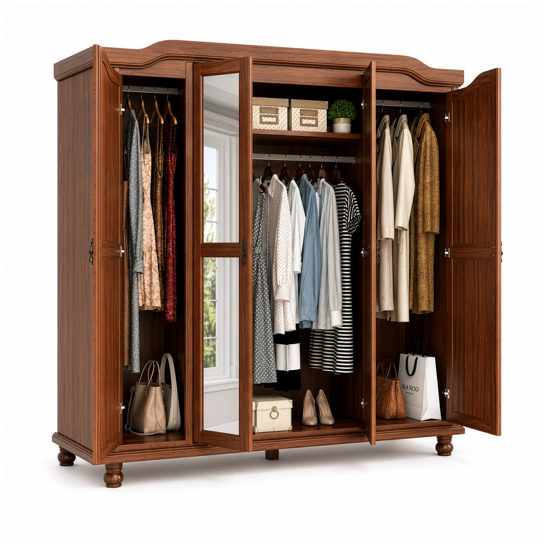 100% Solid Wood 4-Door Wardrobe Armoire with Mirrored Doors, Bedroom Closet Storage - Kyle Collection