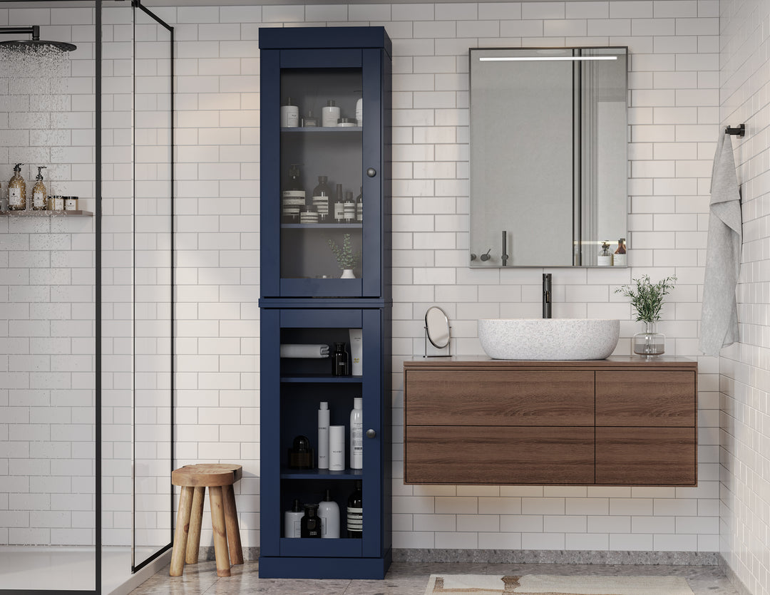 100% Solid Wood 16.5" Tall Bathroom Cabinet, Glass Doors, Adjustable Shelves