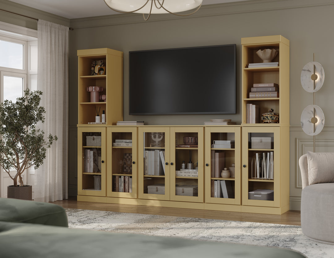 100% Solid Wood 7-Piece Entertainment Center Wall Unit with Storage, Open Cabinets & Glass Doors, Adjustable Shelves, 98" W x 71.5" H