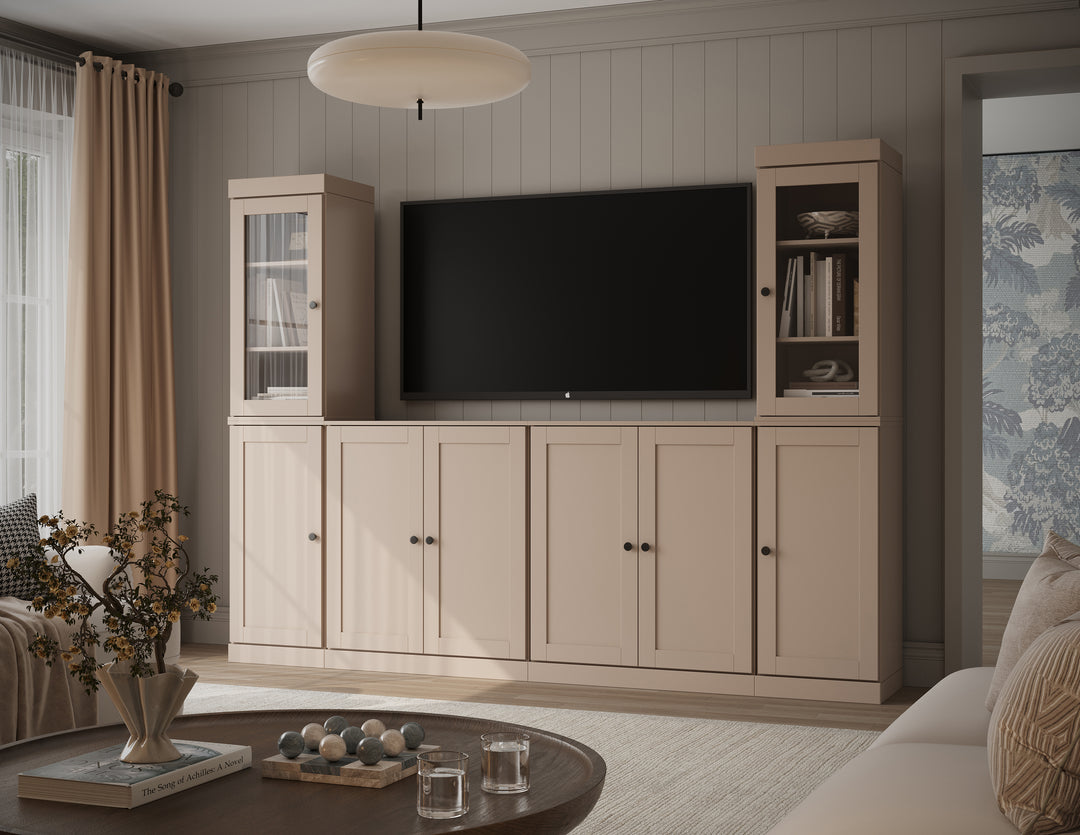 100% Solid Wood 6-Piece Entertainment Center Wall Unit with Storage, Glass & Shaker Doors, Adjustable Shelves, 97" W x 71.5" H