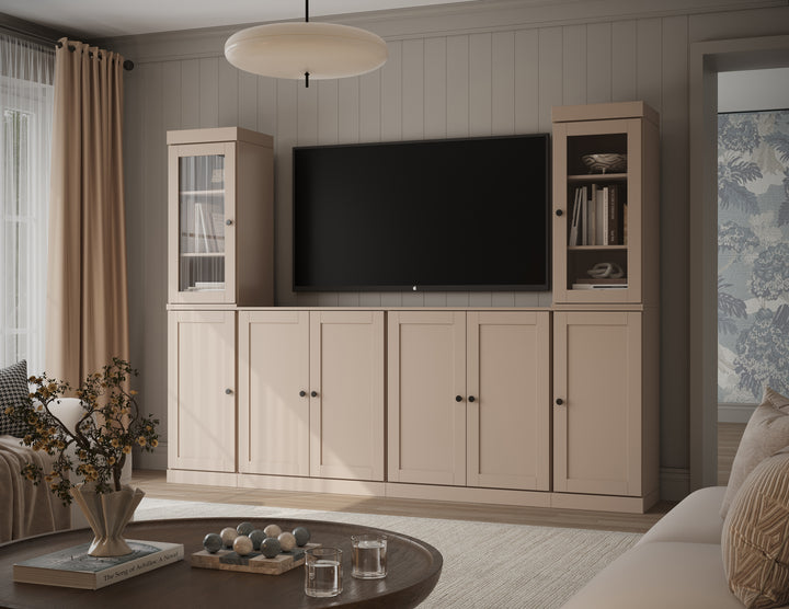 100% Solid Wood 6-Piece Entertainment Center Wall Unit with Storage, Glass & Shaker Doors, Adjustable Shelves, 97" W x 71.5" H