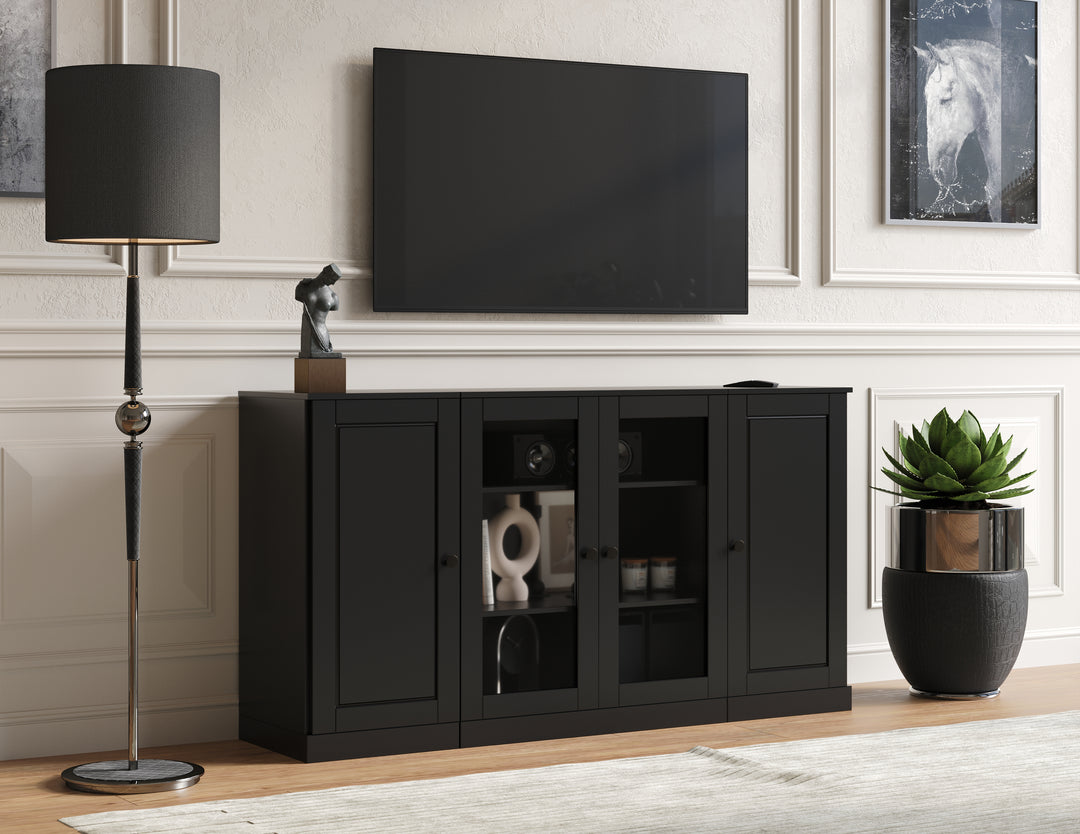100% Solid Wood TV Stand for TVs up to 65" with Clear Glass, Raised Panel Doors, Adjustable Shelves