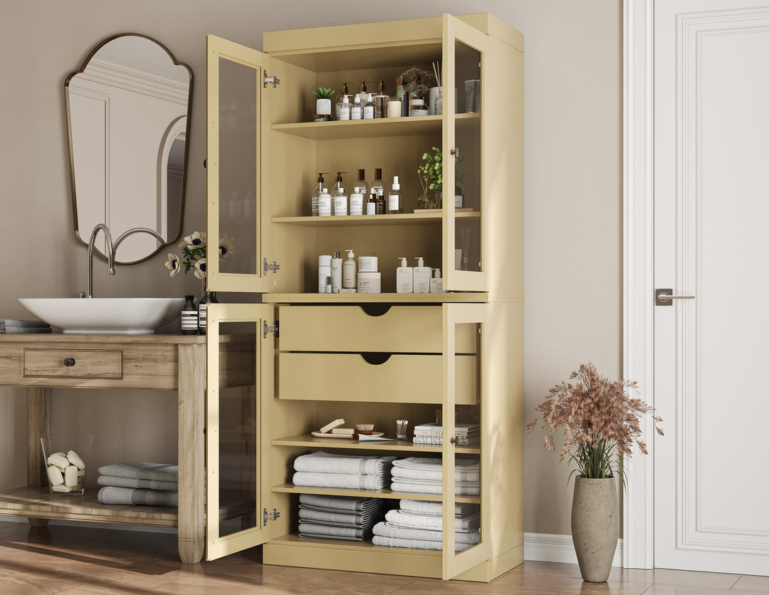 100% Solid Wood Tall Freestanding Modular Bathroom Linen Storage Cabinet with Glass Doors, 2 Drawers, Adjustable Shelves, 32" W x 71.5" H