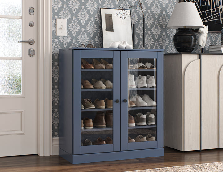 100% Solid Wood Glass Door Shoe Storage Cabinet with Adjustable Shelves, Space Saving Stackable Entryway Organizer, 32" W x 35.75" H