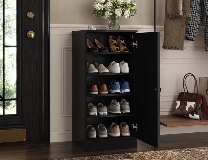 100% Solid Wood Narrow Shoe Storage Cabinet with Shaker Door, Adjustable Shelves, Space Saving Stackable Organizer, 16.5" W x 35.75" H