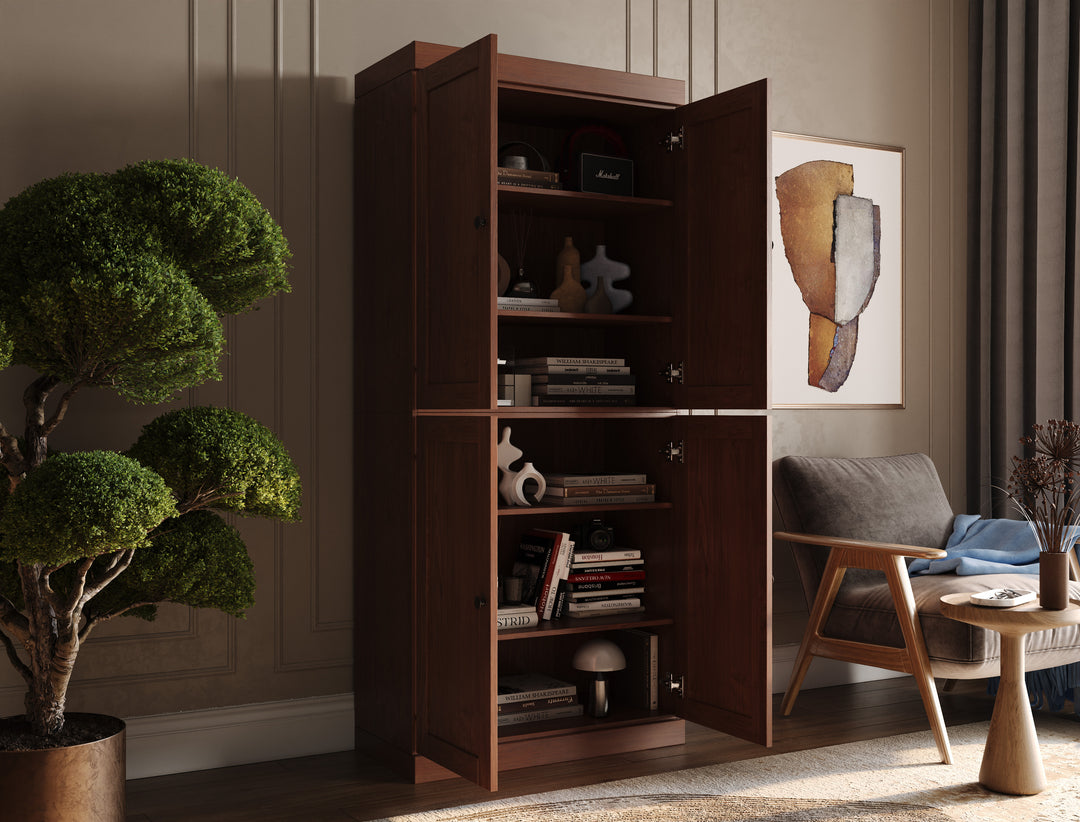 100% Solid Wood 6-Shelf 32" Bookcase, Shaker Wood Doors, Adjustable Shelves