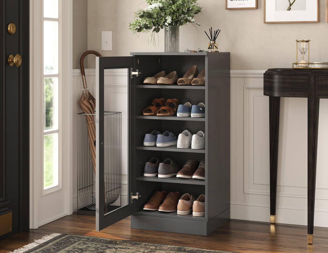 100% Solid Wood Narrow Glass Door Shoe Storage Cabinet with Adjustable Shelves, Space Saving Stackable Organizer, 16.5" W x 35.75" H