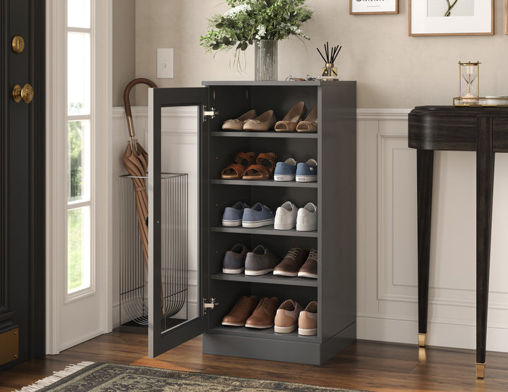100% Solid Wood Narrow Glass Door Shoe Storage Cabinet with Adjustable Shelves, Space Saving Stackable Organizer, 16.5" W x 35.75" H