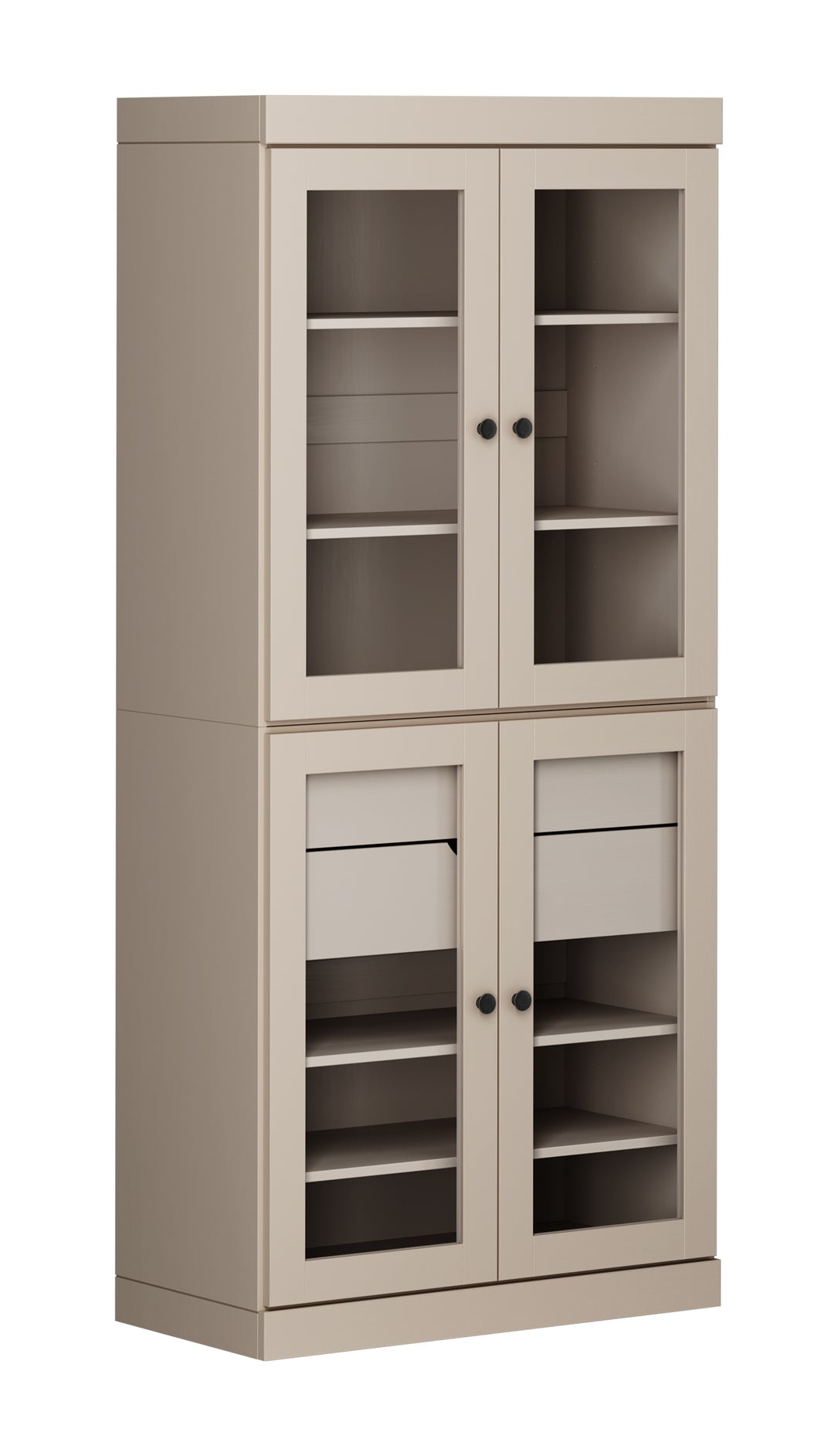 100% Solid Wood 32" Pantry Cabinet, 4 Clear Glass Doors, 2-Drawers Set