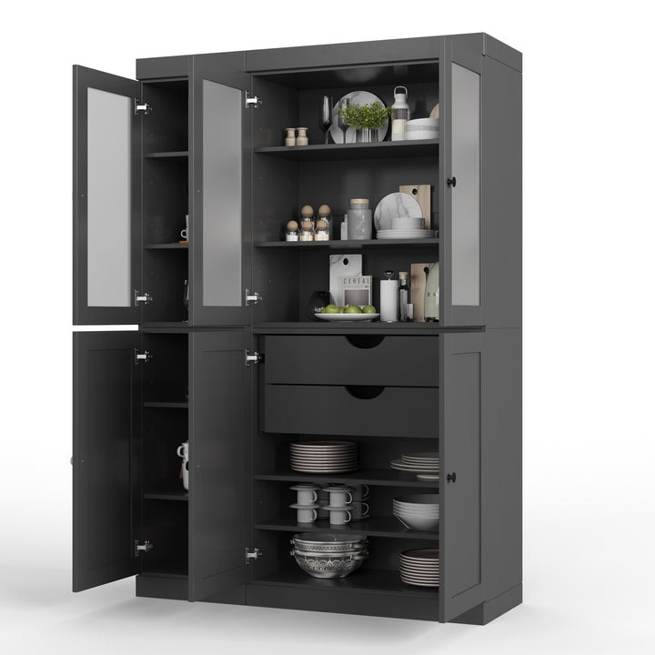 100% Solid Brazilian Pine Wood 48.5" Pantry Cabinet with Frosted Glass, Shaker Doors, 2-Drawers and Adjustable Shelves