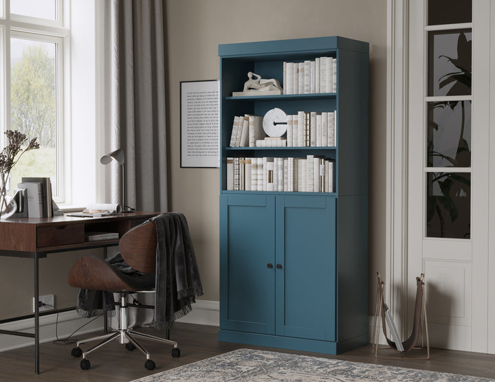 100% Solid Wood 6-Shelf 32" Bookcase Cabinet, 2 Solid Shaker Wood Doors, Adjustable Shelves