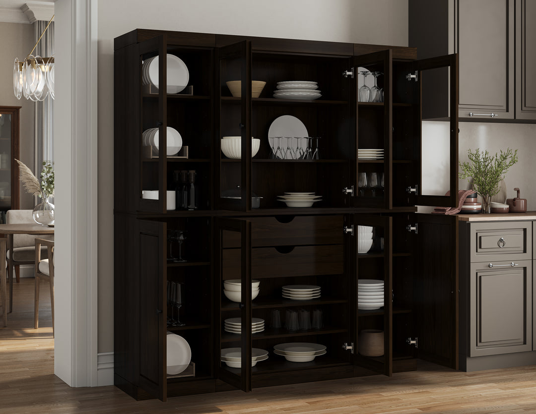 100% Solid Wood Kitchen Pantry Cabinet, Tall Freestanding Modular Storage with Glass Doors & 2 Drawers, Adjustable Shelves, 65" W x 71.5" H