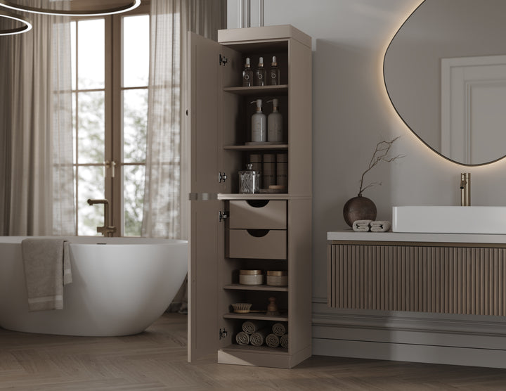 100% Solid Wood Bathroom Storage Cabinet, Raised Panel Doors, 2 Drawers, Adjustable Shelves, 16.5" Wide, 71.5" Tall