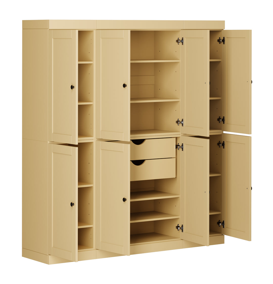 100% Solid Wood 65" Pantry Cabinet, 8 Shaker Wood Doors, 2 Drawers