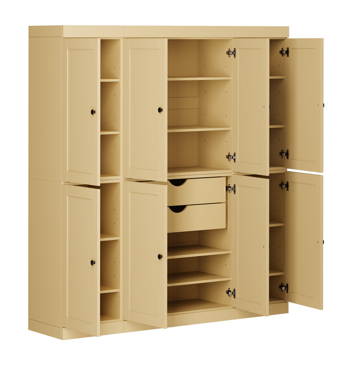 100% Solid Wood 65" Pantry Cabinet, 8 Shaker Wood Doors, 2 Drawers