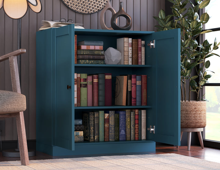 100% Solid Wood 3-Shelf 32" Bookcase, 2 Shaker Wood Doors, Adjustable Shelves