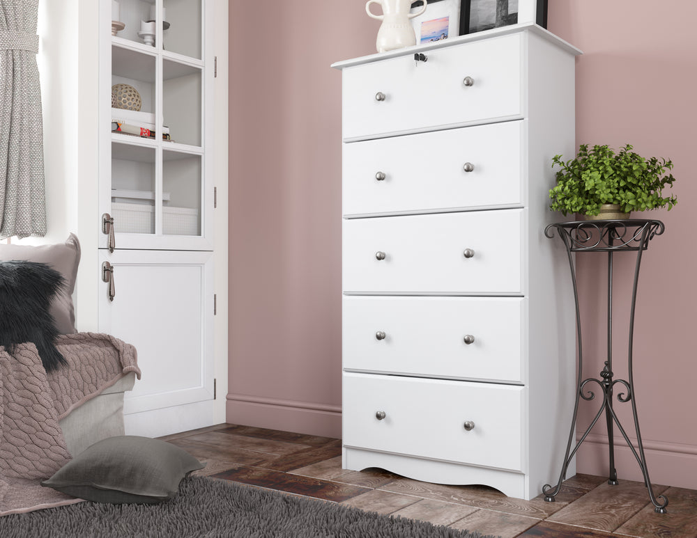 100% Solid Brazilian Pine Wood 5-Jumbo Drawer Chest with Lock & Metal Knobs, 5-Drawer Chests - Palace Imports