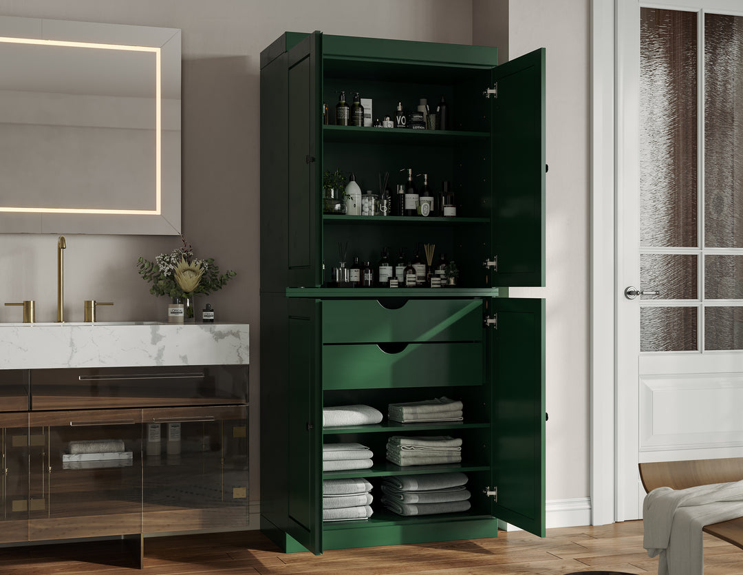 100% Solid Brazilian Pine Wood Bathroom Storage Cabinet, Raised Panel Doors, 2 Drawers, Adjustable Shelves, 32" Wide, 71.5" Tall