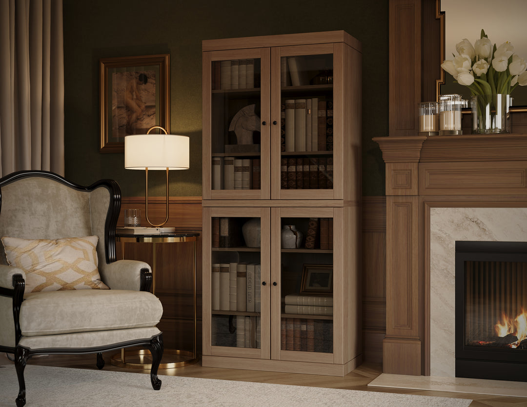 Premium 100% Solid European Oak Hardwood 6-Shelf Modular Bookcase with Tinted Glass Doors – 32" Wide, 71.5" Tall