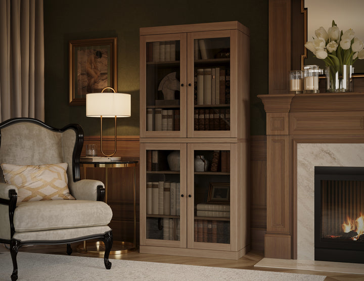 Premium 100% Solid European Oak Hardwood 6-Shelf Modular Bookcase with Tinted Glass Doors – 32" Wide, 71.5" Tall