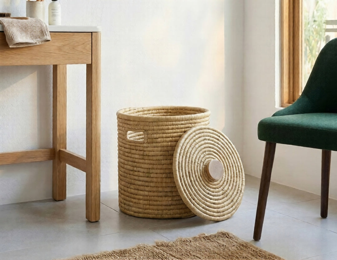 100% Handwoven Natural Rattan 15" Round Basket with Lid & Handles, Boho Farmhouse Decorative Laundry & Storage Organizer, Handcrafted – Authentic African Craftsmanship, Baskets - Palace Imports