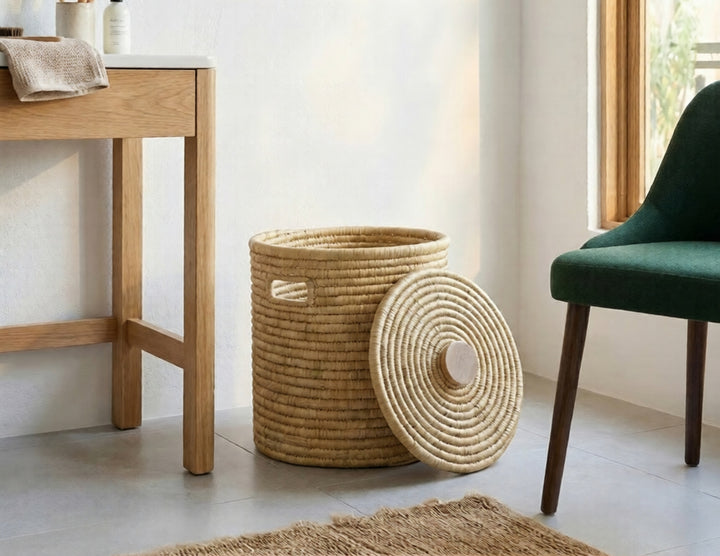 100% Handwoven Natural Rattan 15" Round Basket with Lid & Handles, Boho Farmhouse Decorative Laundry & Storage Organizer, Handcrafted – Authentic African Craftsmanship, Baskets - Palace Imports
