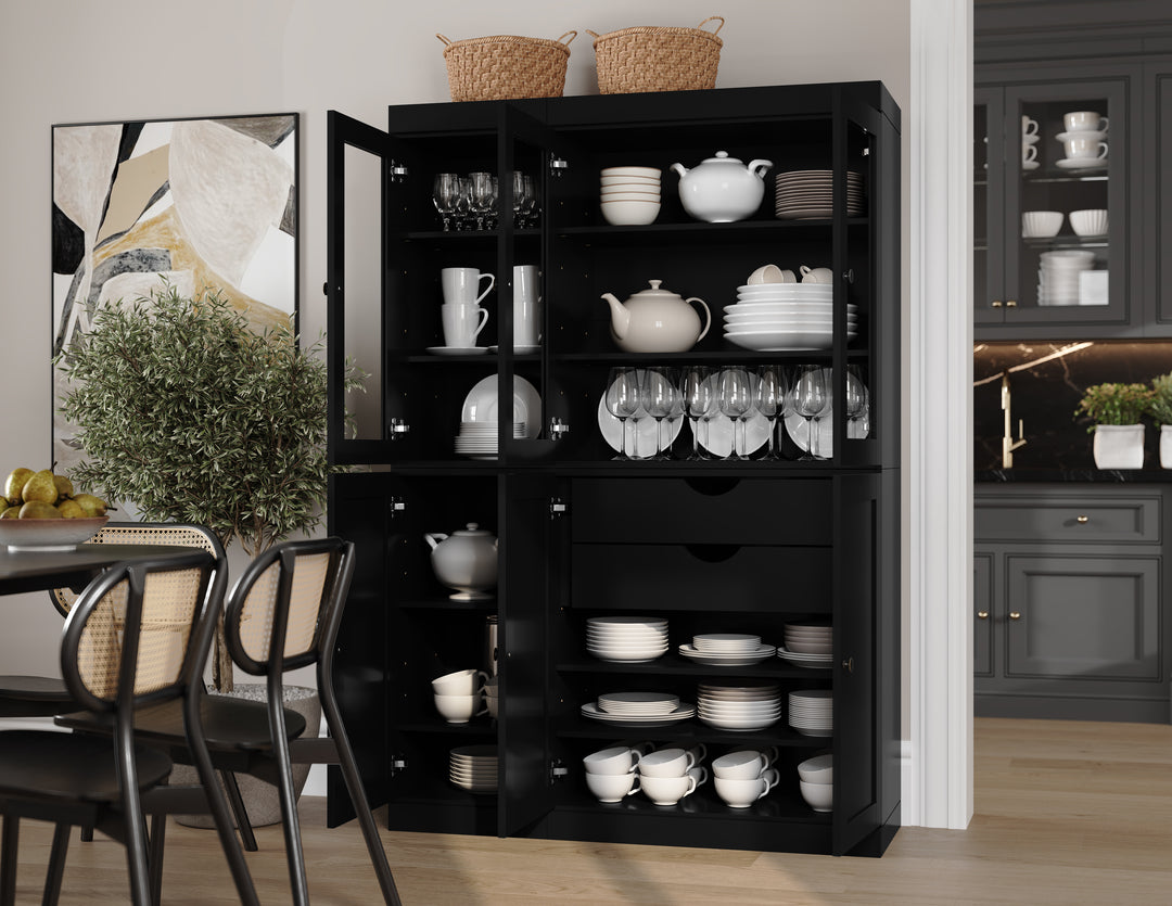 100% Solid Wood 48.5" Pantry China Cabinet, 3 Glass Doors, 3 Shaker Doors, 2-Drawers