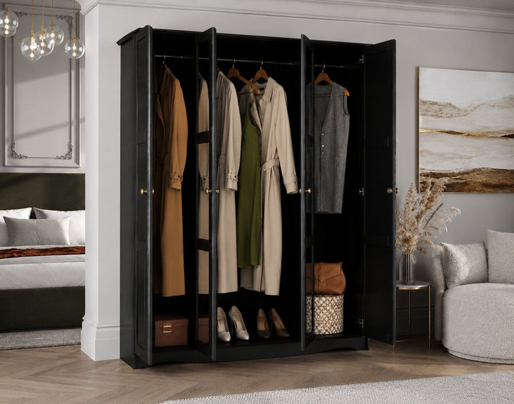 100% Solid Wood 4-Door Wardrobe Armoire with Mirrored Doors, Bedroom Closet Storage - Regal Collection with Metal Knobs