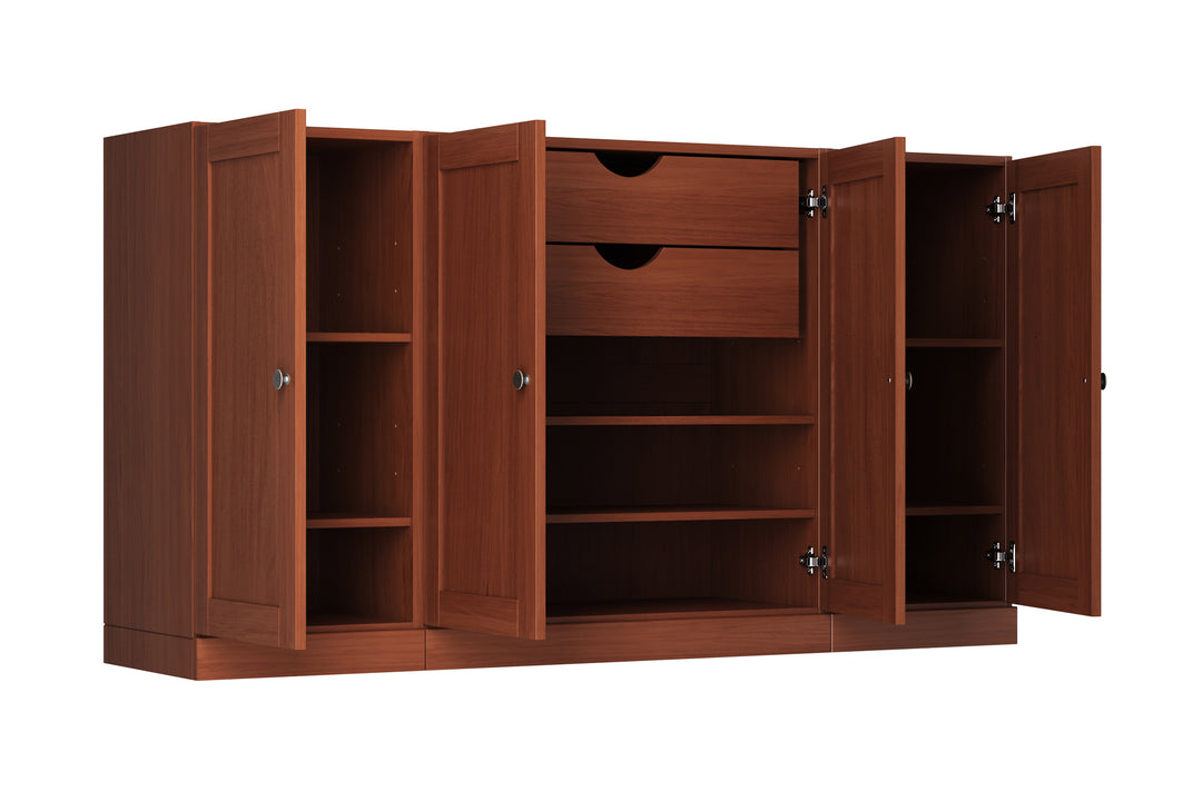 100% Solid Brazilian Pine Wood Sideboard, Shaker Doors, 2 Drawers, Adjustable Shelves, 65" Wide, 35.75" Tall