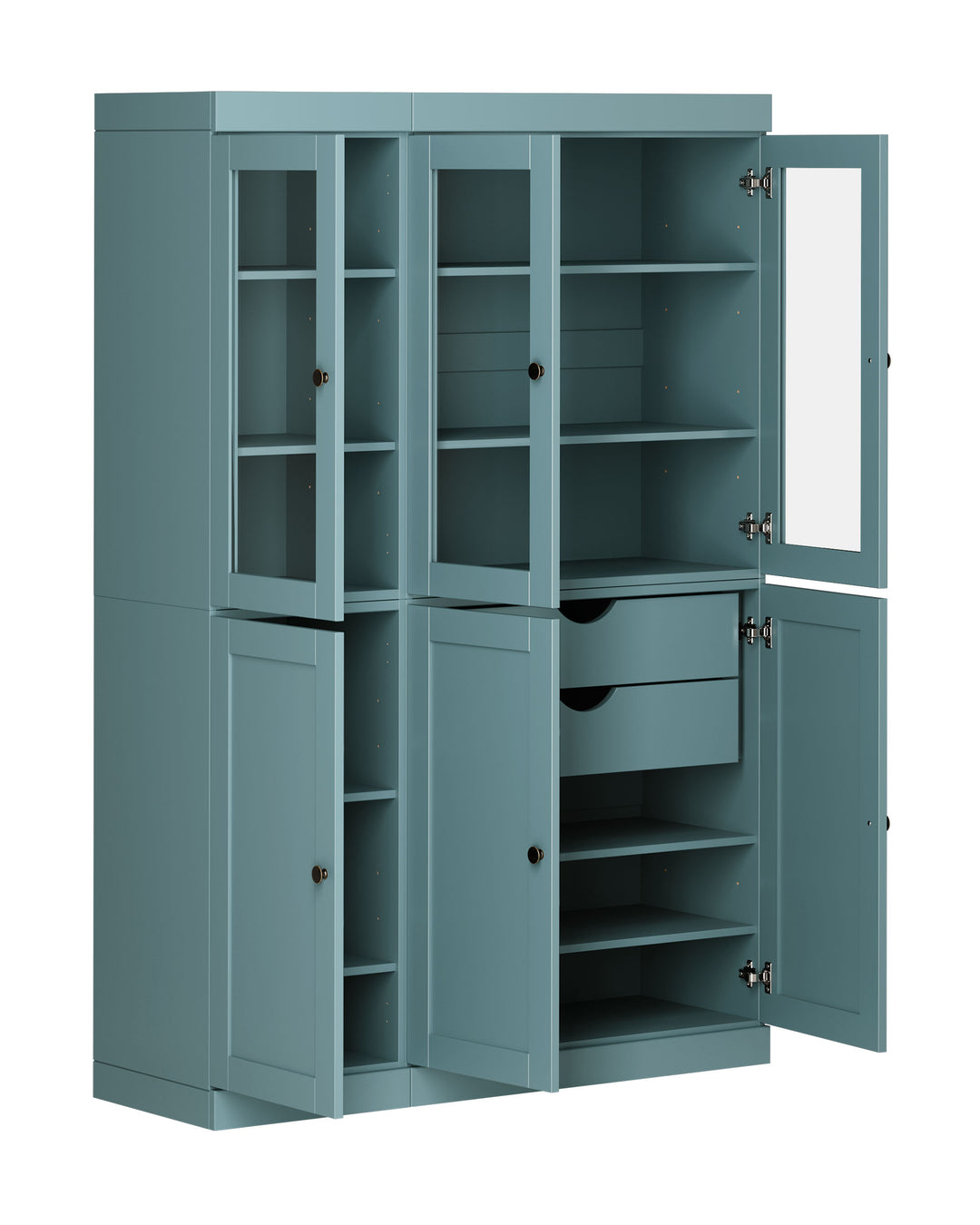 100% Solid Wood 48.5" Pantry China Cabinet, 3 Glass Doors, 3 Shaker Doors, 2-Drawers