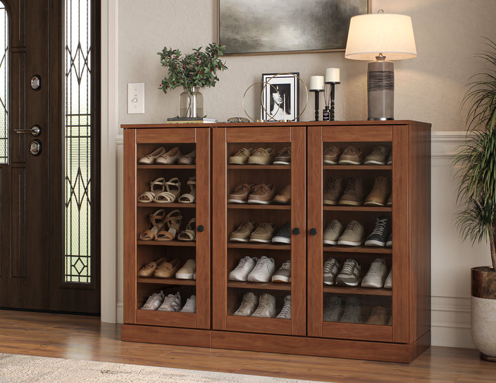 100% Solid Wood Glass Door Shoe Storage Cabinet, Adjustable Shelves, Space Saving Modular Entryway Organizer, 48.5" W x 35.75" H