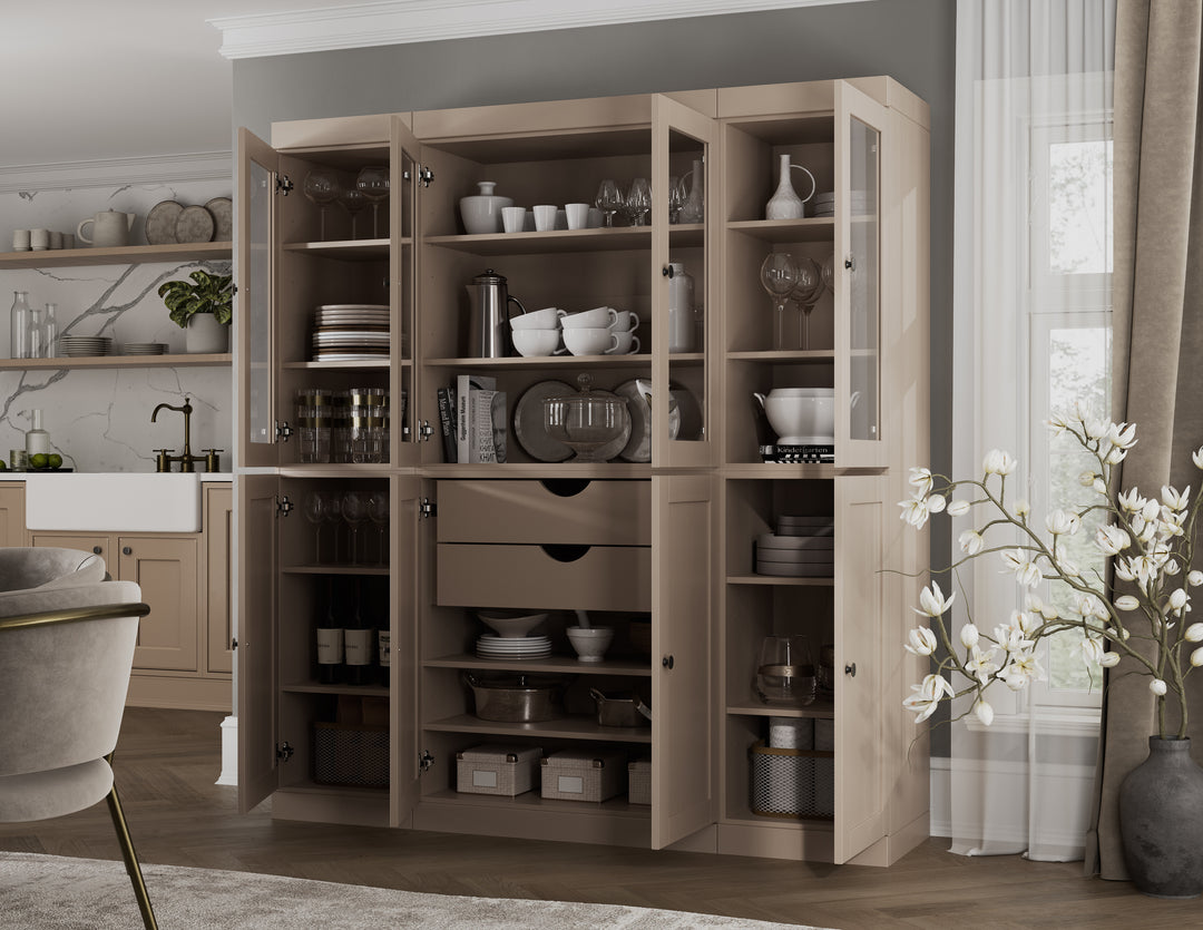 100% Solid Wood 65" China Pantry Cabinet, 4 Glass, 4 Shaker Wood Doors, 2-Drawers