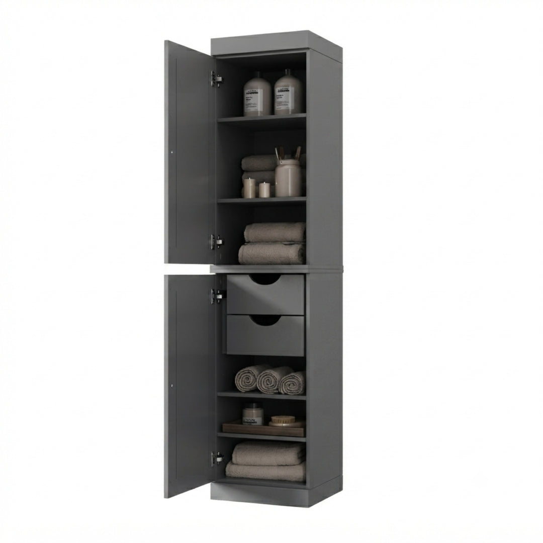 100% Solid Wood Bathroom Storage Cabinet, Raised Panel Doors, 2 Drawers, Adjustable Shelves, 16.5" Wide, 71.5" Tall