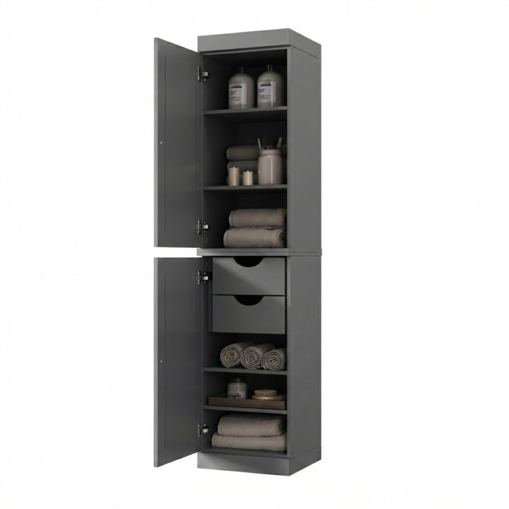 100% Solid Wood Bathroom Storage Cabinet, Raised Panel Doors, 2 Drawers, Adjustable Shelves, 16.5" Wide, 71.5" Tall
