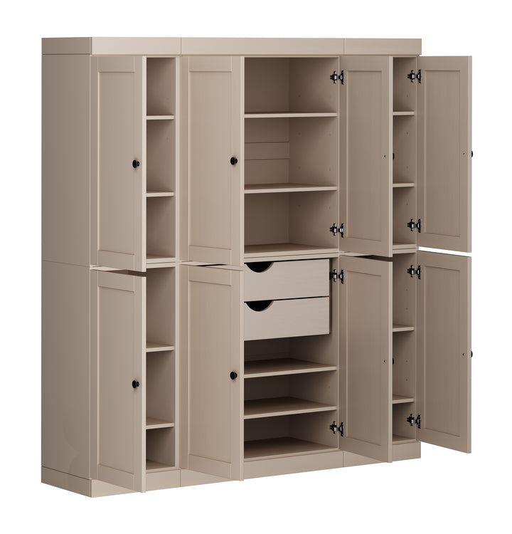 100% Solid Wood 65" Pantry Cabinet, 8 Shaker Wood Doors, 2 Drawers