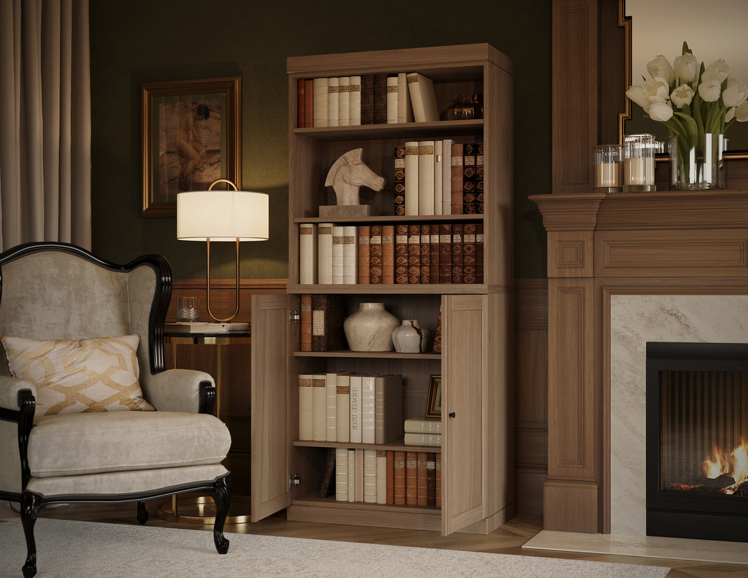 Premium 100% Solid European Oak Hardwood 6-Shelf Modular Bookcase with Bottom Shaker Doors – 32" Wide, 71.5" Tall