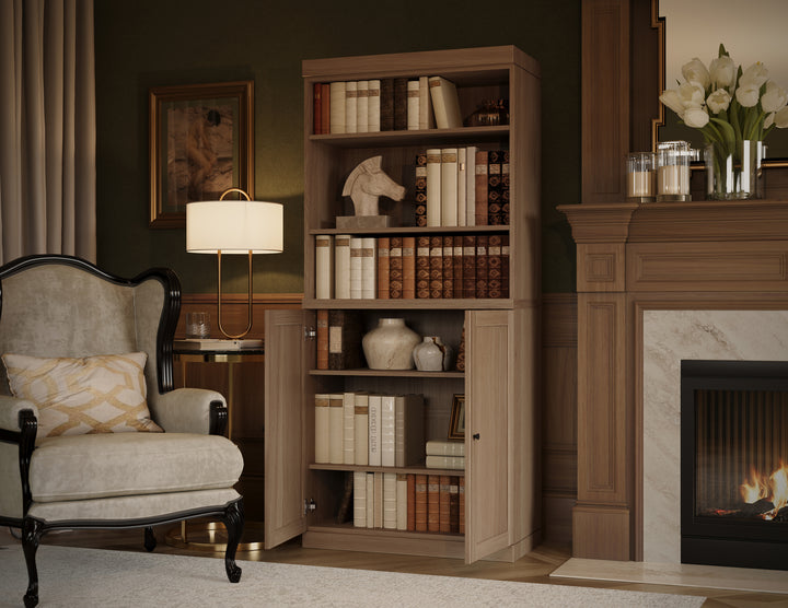 Premium 100% Solid European Oak Hardwood 6-Shelf Modular Bookcase with Bottom Shaker Doors – 32" Wide, 71.5" Tall