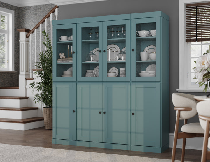 100% Solid Wood 65" China Pantry Cabinet, 4 Glass, 4 Shaker Wood Doors, 2-Drawers