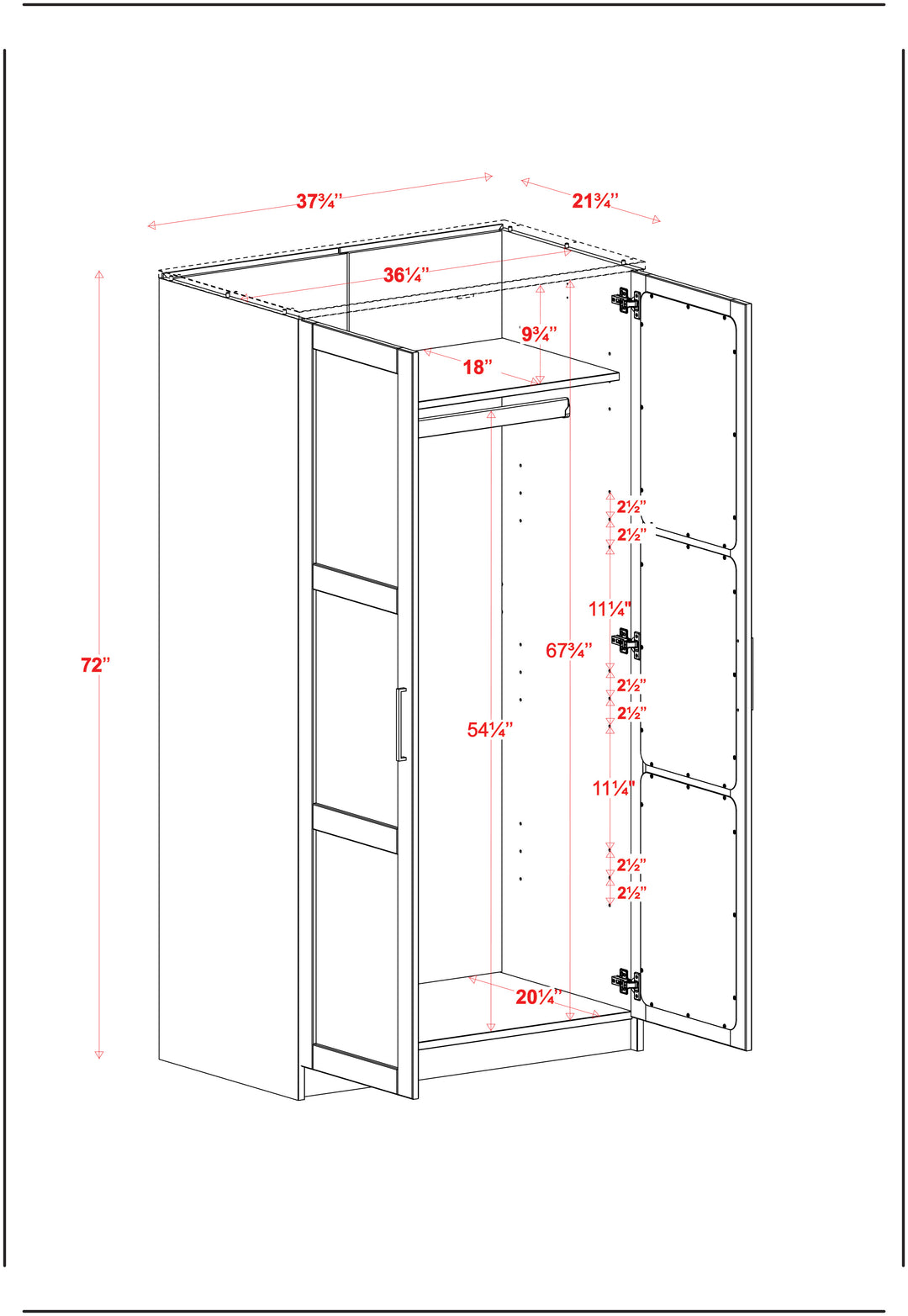 100% Solid Wood 2-Door Wardrobe Armoire with Raised Panel Doors, Bedroom Closet Storage - Urban Collection