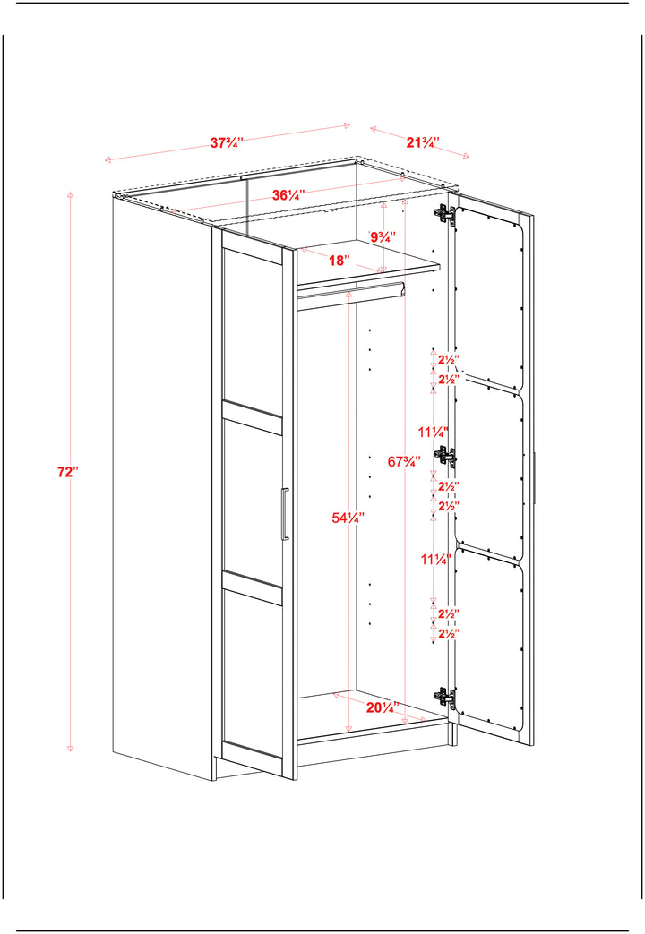 100% Solid Wood 2-Door Wardrobe Armoire with Raised Panel Doors, Bedroom Closet Storage - Urban Collection