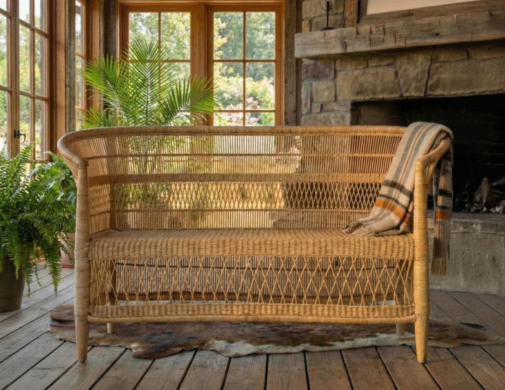 100% Solid Wood Frame Handwoven Natural Rattan Indoor Loveseat, Boho Farmhouse Accent Seating – Authentic African Craftsmanship